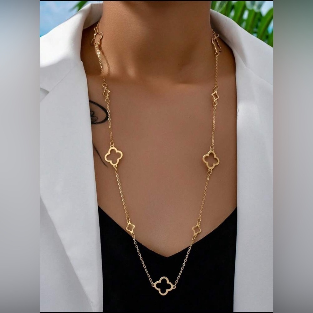 Gold Clover Long Chain Necklace | Elegant Statement Jewelry 3/$30